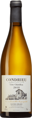 En glasflaska med Condrieu Côte Châtillon, ett vitt vin från Rhonedalen i Frankrike