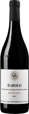 En glasflaska med Barolo Piccole Vigne, ett rött vin från Piemonte i Italien