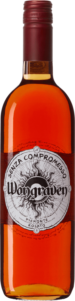 En glasflaska med Wongraven Senza Compromesso Rosato, en rosévin från Piemonte i Italien