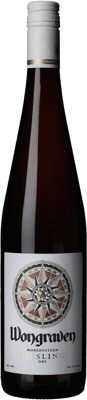 En glasflaska med Wongraven Morgenstern Riesling, ett vitt vin från Pfalz i Tyskland