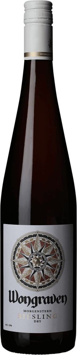 En glasflaska med Wongraven Morgenstern Riesling, ett vitt vin från Pfalz i Tyskland