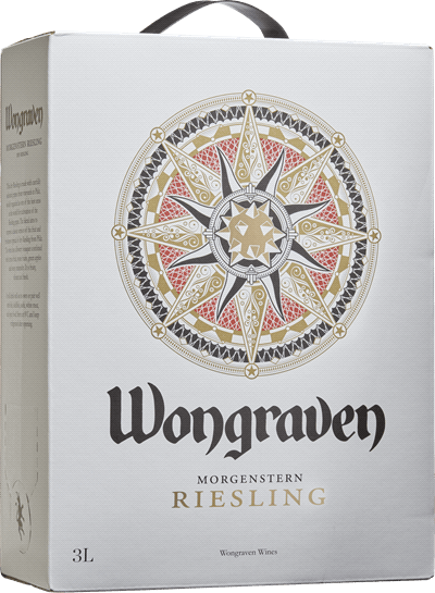 En box med Wongraven Morgenstern Riesling 2023, ett vitt vin från Pfalz i Tyskland