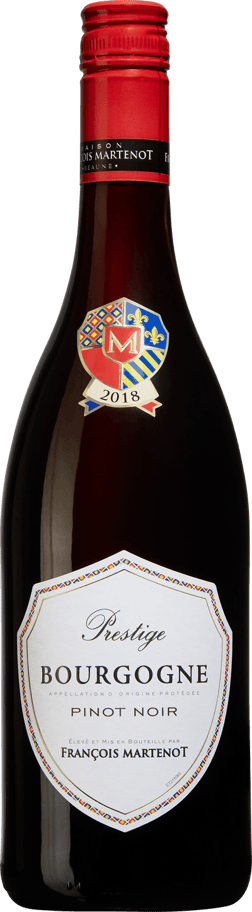 En glasflaska med Francois Martenot Bourgogne Cuvée Prestige Pinot Noir 2022, ett rött vin från Bourgogne i Frankrike