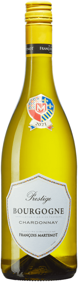 En glasflaska med Francois Martenot Prestige Bourgogne Chardonnay 2022, ett vitt vin från Bourgogne i Frankrike