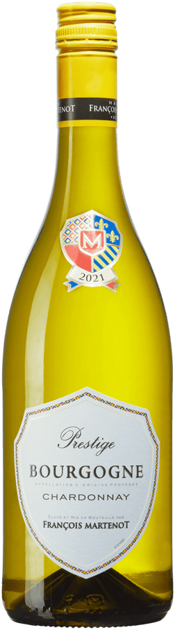 En glasflaska med Francois Martenot Prestige Bourgogne Chardonnay 2022, ett vitt vin från Bourgogne i Frankrike
