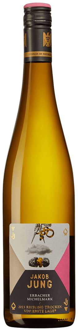 En lättare glasflaska med Jakob Jung Erbacher Michelmark Riesling Trocken 2023, ett vitt vin från Rheingau i Tyskland