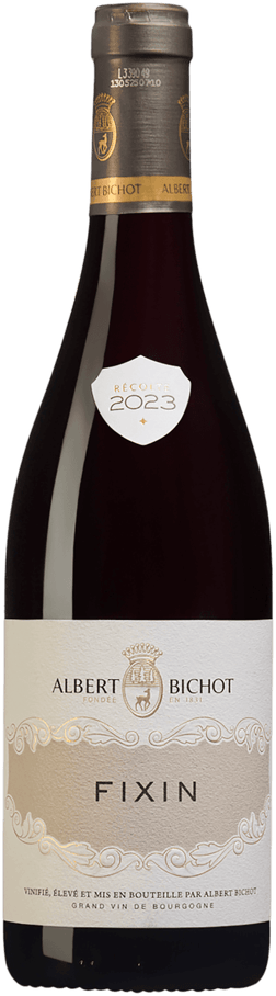 En glasflaska med Fixin Albert Bichot 2023, ett rött vin från Bourgogne i Frankrike