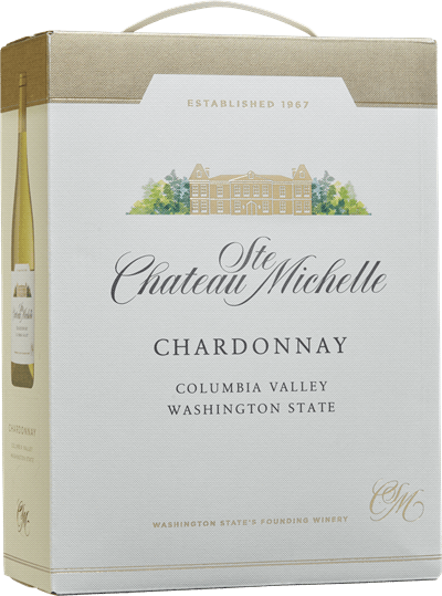 En box med Chateau Ste Michelle Chardonnay, ett vitt vin från Washington State i USA
