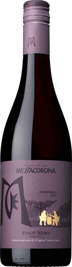 En lättare glasflaska med Mezzacorona Pinot Nero 2022, ett rött vin från Trentino-Alto Adige i Italien
