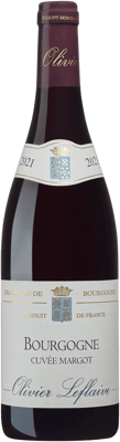 En glasflaska med Olivier Leflaive Cuvée Margot, ett rött vin från Bourgogne i Frankrike