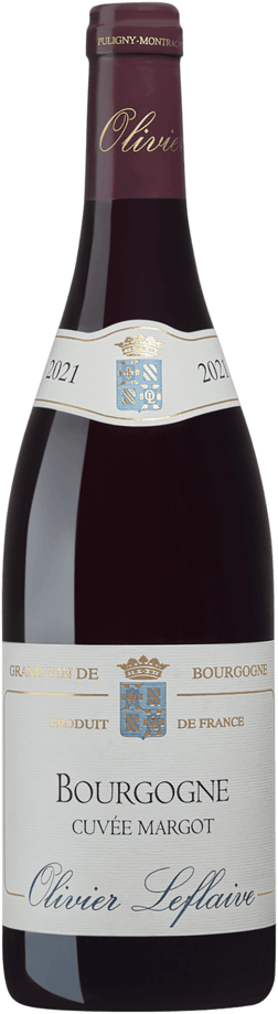 En glasflaska med Olivier Leflaive Bourgogne Cuvée Margot 2020, ett rött vin från Bourgogne i Frankrike