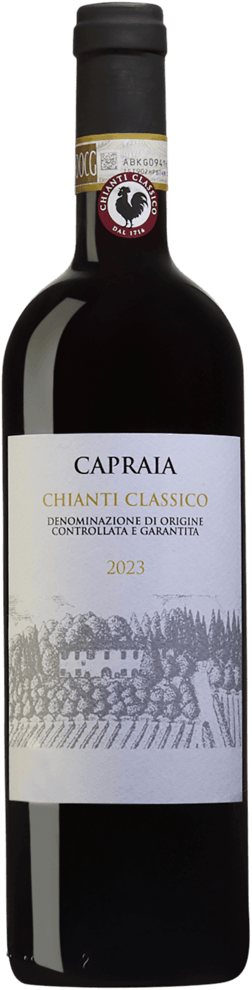 En glasflaska med Capraia Chianti Classico 2023, ett rött vin från Toscana i Italien