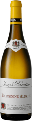 En glasflaska med Joseph Drouhin Bourgogne Aligoté, ett vitt vin från Bourgogne i Frankrike