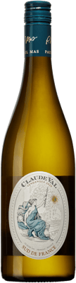 En glasflaska med Claude Val Blanc, ett vitt vin från Languedoc-Roussillon i Frankrike