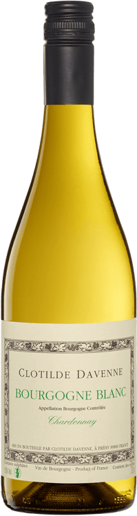 En lättare glasflaska med Clotilde Davenne Bourgogne Blanc, ett vitt vin från Bourgogne i Frankrike