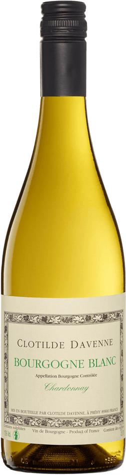 En lättare glasflaska med Clotilde Davenne Bourgogne Blanc 2020, ett vitt vin från Bourgogne i Frankrike