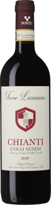 En lättare glasflaska med Panizzi Torre Larniano Chianti Colli Senesi 2020, ett rött vin från Toscana i Italien