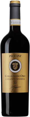 En glasflaska med Piccini Collezione Oro Chianti Riserva 2019, ett rött vin från Toscana i Italien