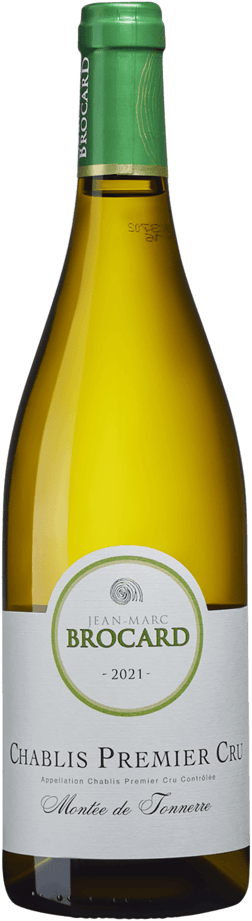 En glasflaska med J M Brocard Chablis Premier Cru Montée de Tonnerre 2022, ett vitt vin från Bourgogne i Frankrike