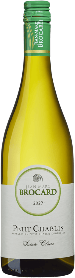 En lättare glasflaska med Petit Chablis Domaine Sainte Claire J M Brocard 2022, ett vitt vin från Bourgogne i Frankrike
