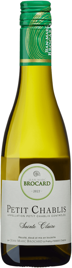 En glasflaska med Petit Chablis Domaine Sainte Claire J M Brocard, ett vitt vin från Bourgogne i Frankrike
