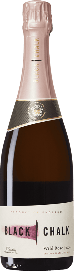En glasflaska med Black Chalk Wild Rosé 2020, en mousserande från Storbritannien