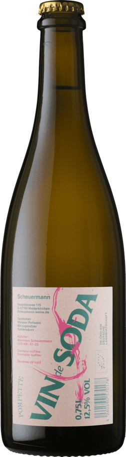 En glasflaska med Scheuermann Vin de Soda, en mousserande från Tyskland