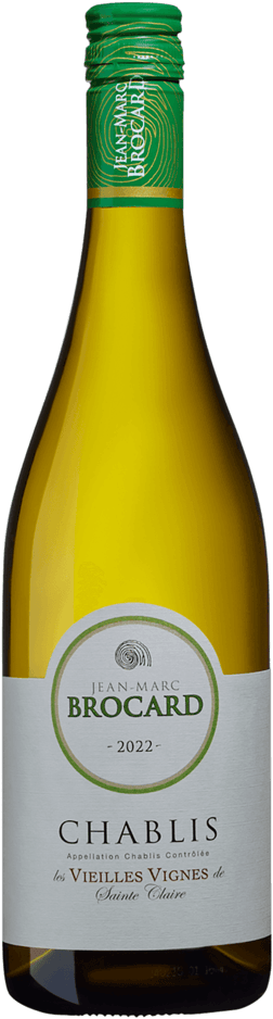 En lättare glasflaska med J M Brocard Chablis Vieilles Vignes Sainte Claire 2023, ett vitt vin från Bourgogne i Frankrike
