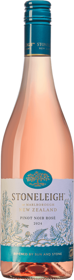En lättare glasflaska med Stoneleigh Pinot Noir Rosé 2024, en rosévin från Marlborough i Nya Zeeland