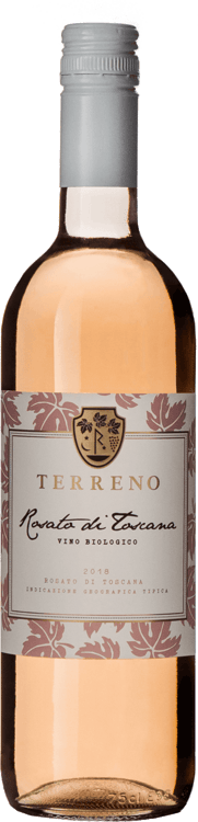 En lättare glasflaska med Terreno Rosato di Toscana 2020, en rosévin från Toscana i Italien
