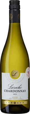 En lättare glasflaska med L Chardonnay, ett vitt vin från Languedoc-Roussillon i Frankrike