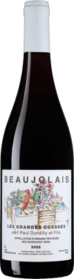 En glasflaska med Paul Durdilly et Fils Beaujolais Les Grandes Coasses, ett rött vin från Bourgogne i Frankrike