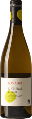 En glasflaska med Mas Amiel Natural Blanc, ett vitt vin från Languedoc-Roussillon i Frankrike