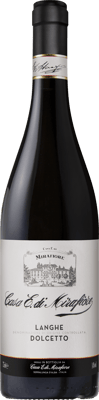 En lättare glasflaska med Casa E. di Mirafiore Langhe Dolcetto Organic 2021, ett rött vin från Piemonte i Italien