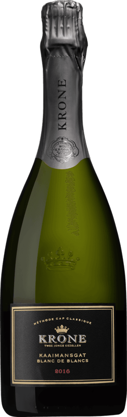 En glasflaska med Krone Kaaimansgat Blanc de Blancs 2016, en mousserande från Sydafrika