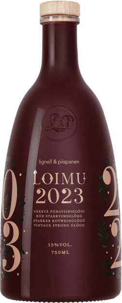 En glasflaska med Loimu Årgångsglögg 2023, en glögg och Glühwein från Finland