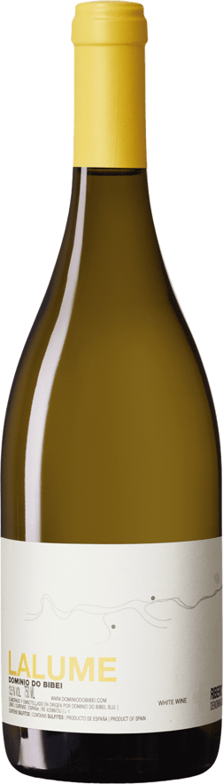 En glasflaska med Lalume 2018, ett vitt vin från Galicien i Spanien