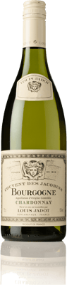 En glasflaska med Couvent des Jacobins Bourgogne Blanc, ett vitt vin från Bourgogne i Frankrike