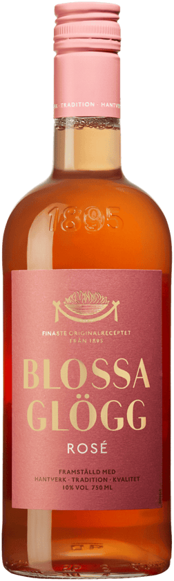 En glasflaska med Blossa Rosé, en glögg och Glühwein från Internationellt märke