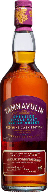 En glasflaska med Tamnavulin Red Wine Cask Edition Grenache Single Malt, en whisky från Skottland i Storbritannien