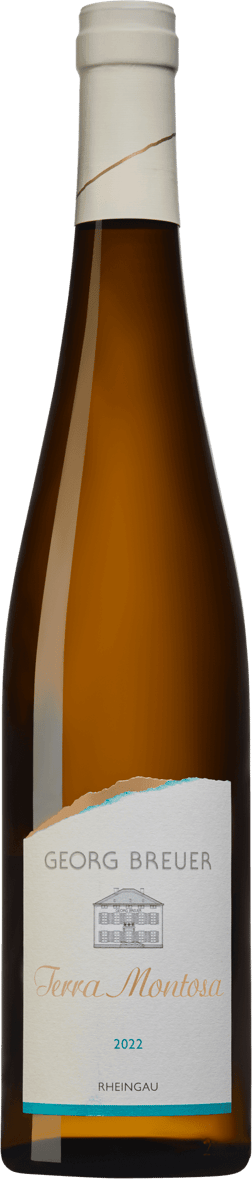 En glasflaska med Georg Breuer Terra Montosa Riesling 2022, ett vitt vin från Rheingau i Tyskland