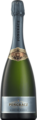 En glasflaska med Pongrácz Blanc de Blancs Brut, en mousserande från Western Cape i Sydafrika