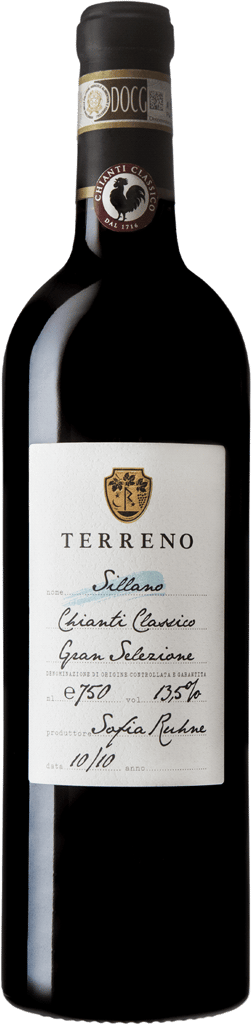 En lättare glasflaska med Terreno Chianti Classico Gran Selezione 2019, ett rött vin från Toscana i Italien