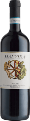 En lättare glasflaska med Malvirà Langhe Nebbiolo, ett rött vin från Piemonte i Italien