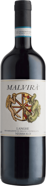 En lättare glasflaska med Malvirà Langhe Nebbiolo, ett rött vin från Piemonte i Italien