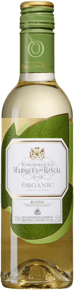 En glasflaska med Marqués de Riscal Organic 2023, ett vitt vin från Kastilien-León i Spanien