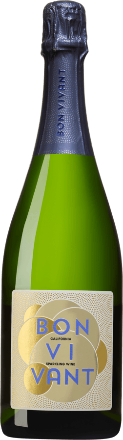 En glasflaska med Bon Vivant Brut, en mousserande från Kalifornien i USA