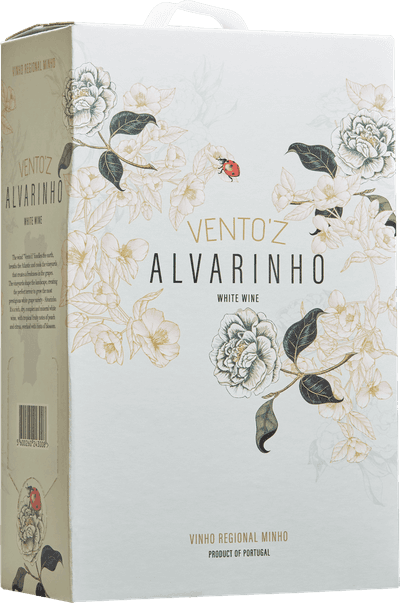 En box med Vento'z Alvarinho 2024, ett vitt vin från Vinho Verde i Portugal