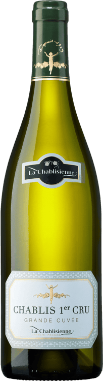 En glasflaska med Chablis Premier Cru Grande Cuvée, ett vitt vin från Bourgogne i Frankrike