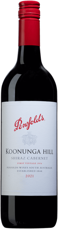 En lättare glasflaska med Penfolds Koonunga Hill Shiraz Cabernet, ett rött vin från South Eastern Australia i Australien